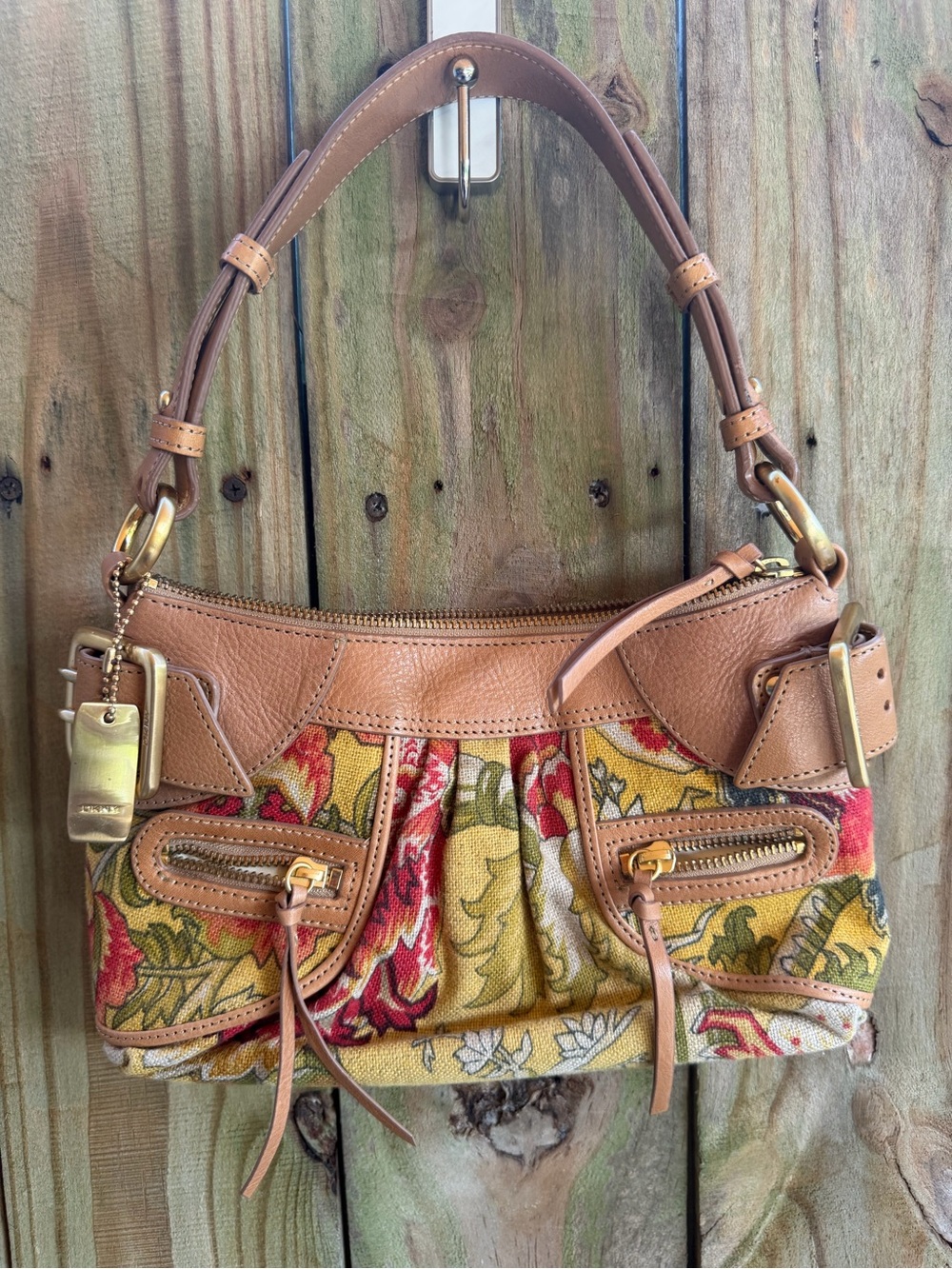 Dkny Beige Monogram Canvas and Leather Buckle Baguette Bag